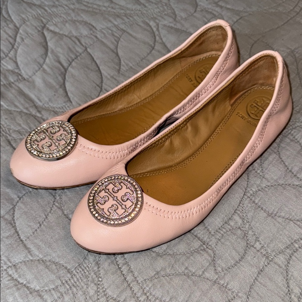Tory Burch Pink Leather Flats with Bling Logo Medallions